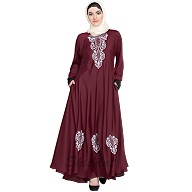 Embroidered Umbrella cut Nida abaya- Maroon-White